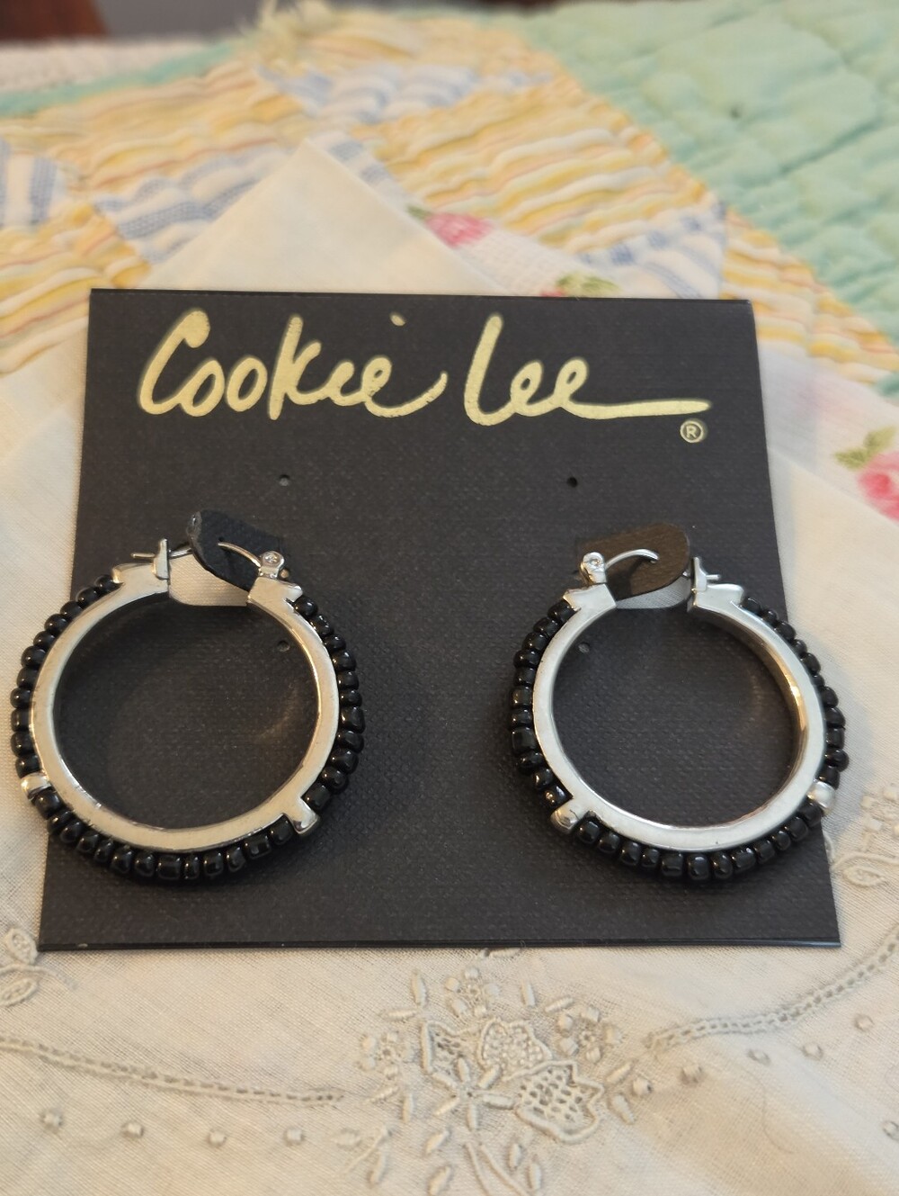 NWT Womens Cookie Lee Silver Beaded Hoops Earrings
